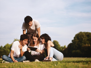 large group of friends together in a park using a tablet