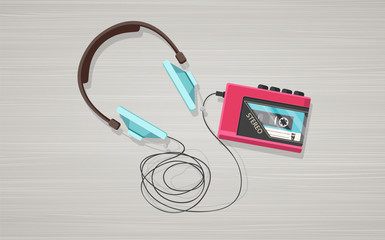 Headphones, player and retro compact cassette on wooden board. Top view flat vector illustration.


