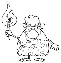 Black And White Smiling Cave Woman Cartoon Mascot Character Holding Up A Fiery Torch