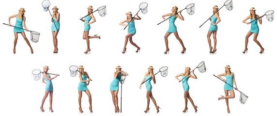 Woman with catching net isolated on white