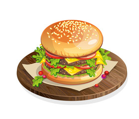 Isolated classic hamburger on wooden plate on white background. Fresh sandwich with beef, lettuce, tomato, buns and cheese. American fast food.