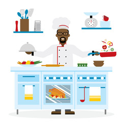 Male african american chef cooking on white background. Restaurant worker preparing food. Chef uniform and hat. Table and cafe equipment.