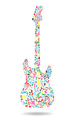 Obraz na płótnie Canvas Music notes guitar. Electric guitar made of music notes. Colorful notes pattern. Guitar shape. Poster idea.