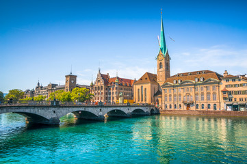 Zürich city center with boat on river Limmat, Switzerland