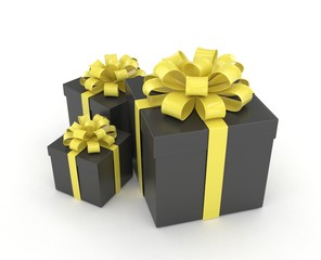 three gift boxes with bows isolated on white. 3d rendering.