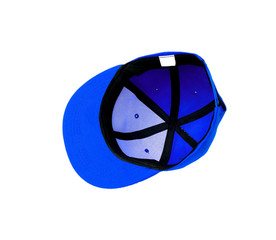Blue baseball cap with blank space for insert text isolated on white background.