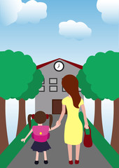 Obraz na płótnie Canvas back to school illustration of little girl with mom holding hands