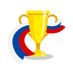 Golden cup with russian flag on white background. Concept of championship, league, team sport. Concept of prize, leadership, winning and success. Winner award.