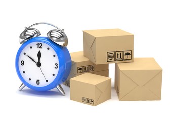 Package and alarm clock, delivery concept. 3d rendering.