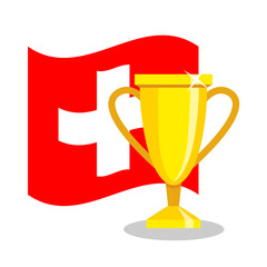 Golden cup with swiss flag on white background. Concept of championship, league, team sport. Concept of prize, leadership, winning and success. Winner award.