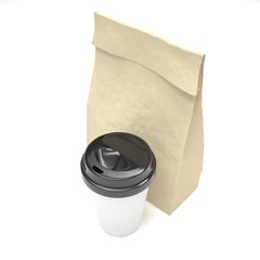 Coffee to go and lunch bag, on white. 3d rendering.