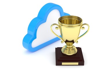 Isoalted golden cup with cloud on white background. Blue contour cloud. Concept of cloud storage competition. Leader cloud drive. Best storage contest. 3D rendering.