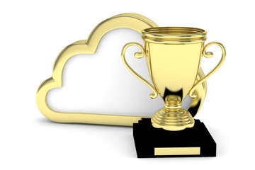 Isoalted golden cup with cloud on white background. Concept of cloud storage competition. Leader cloud drive. Best storage contest. 3D rendering.