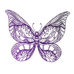 hand drawn ink doodle butterfly on white background. Coloring page - zendala, design for adults, poster, print, t-shirt, invitation, banners, flyers.