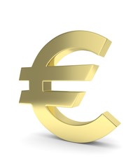 Isolated golden euro sign on white background. European currency. Concept of investment, european market, savings. Power, luxury and wealth. 3D rendering.