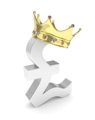 Isolated silver pound sign with golden crown on white background. British currency. Concept of investment, european market, savings. Power, luxury and wealth. Great Britain, Nothern Ireland. Crown