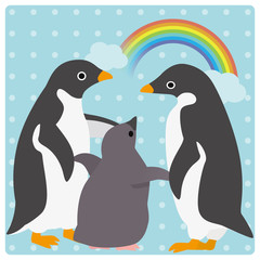 アデリーペンギン 家族 虹