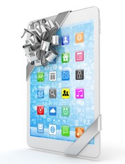 White tablet with silver bow and icons. 3D rendering.