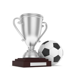Isolated silver cup with ball on white background. Soccer and football. Second place trophy. Game and competition. 3D rendering