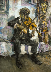 violinist street gypsy musician original oil painting on canvas, man playing on violin on the street impressionism painting, modern art impressionism, artwork part of collection 