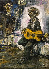guitarist street gypsy musician original oil painting on canvas, man playing on guitar on the street impressionism painting, modern art impressionism, artwork part of collection 