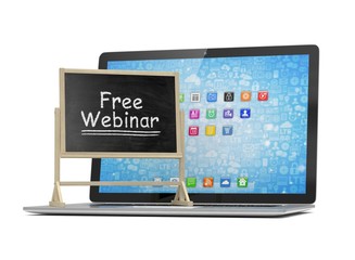 Laptop with chalkboard, free webinar, online education concept. 3d rendering.