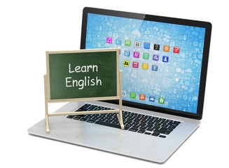  Laptop with chalkboard, learn english, online education concept. 3d rendering.