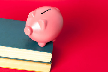 piggy bank on a stack of book concept of education costs