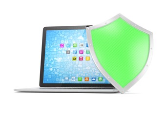Laptop and shield on white, computer security concept. 3d rendering.