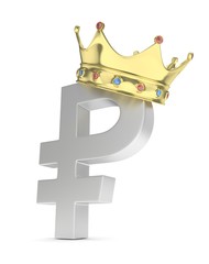 Isolated ruble sign with golden crown and gems on white background. Concept of making profit, income. Currency sign. Russian money. 3D rendering.