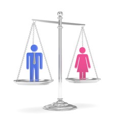 Isolated old fashioned pan scale with man and woman on white background. Gender inequality. Equality of sexes. Law issues. Colorful model. 3D rendering.