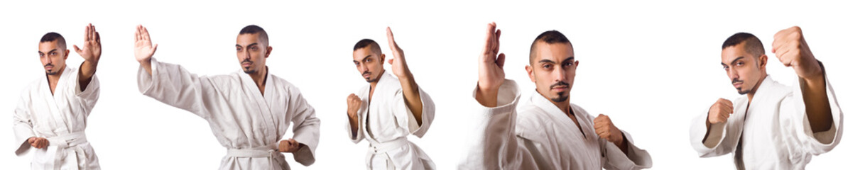 Fototapeta premium Collage of karate player in kimono isolated on white