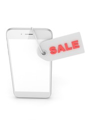 White smart phone with red sale label on white background. Best offer. Leader of sales. 3D rendering.