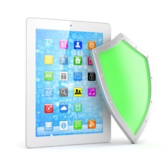 Tablet PC and shield on white device security concept. 3d rendering.