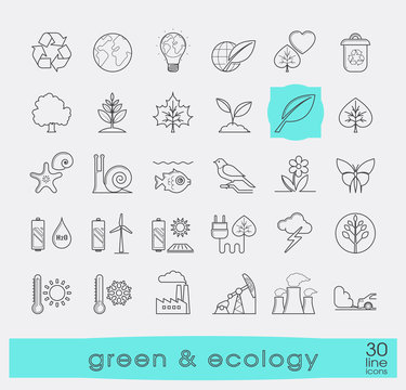 Set of line ecology icons. Bio alternative for pollution, prevention of global warming. Green power, nature, preservation, care, social consciousness.