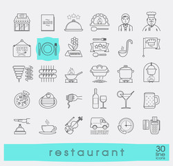 Premium quality kitchen and restaurant icons. 
Collection of line food and beverage icons. Vector illustration.