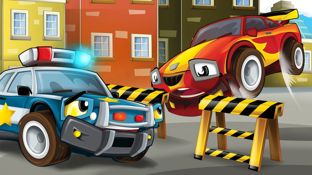 Cartoon scene of police pursuit - illustration for children