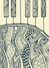 Piano keyboard with Zen-tangle ornament  black on white 