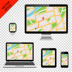 Computer monitor, laptop, tablet pc, mobile phone and smart watch with GPS map on screen. Isolated on transparent background.