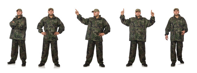 Young man in soldier uniform isolated on white