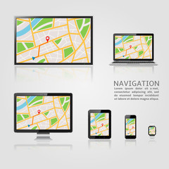 Navigation template. GPS map on display of modern digital devices.