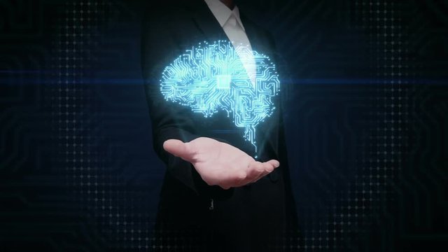 Businesswoman open palms, Brain CPU chip, grow artificial intelligence