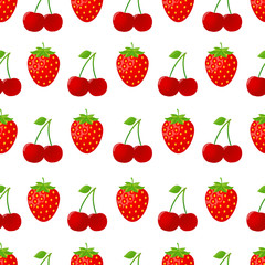 Seamless pattern with strawberries and cherries on white background
