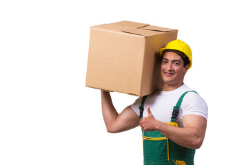 Man moving boxes isolated on the white background