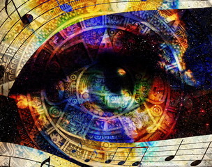 Ancient Mayan Calendar and woman eye with  Music note, abstract color Background, computer collage.