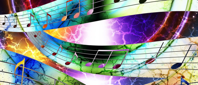 music note and  Space with stars. abstract color background. Music concept. And storm flash.