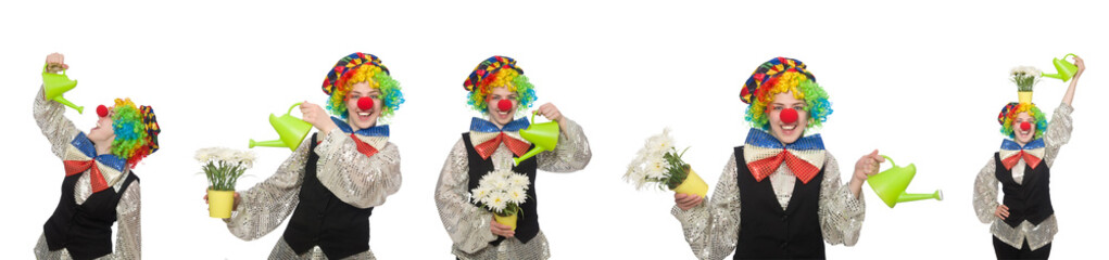 Female clown with watering can isolated on white