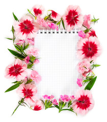 Notebook with flowers pink carnation on white background.