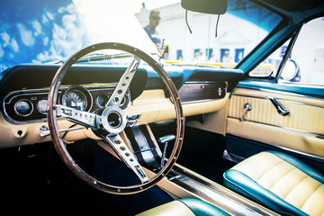 Inside view of classic american car. - obrazy, fototapety, plakaty