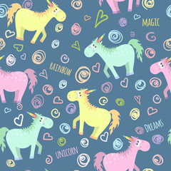 Seamless pattern with colored unicorn and doodle of felt-tip pen. Vector illustration